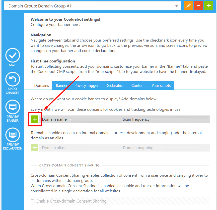 screenshot showing where in the cookiebot manager to add a domain