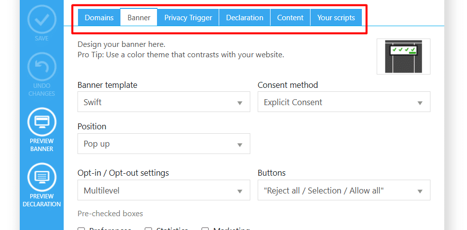 screenshot showing where to edit banner in cookiebot manager