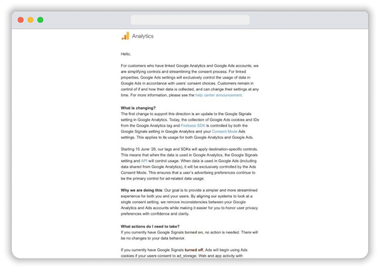 Screenshot of an email regading Google Analytics update on Google Signals